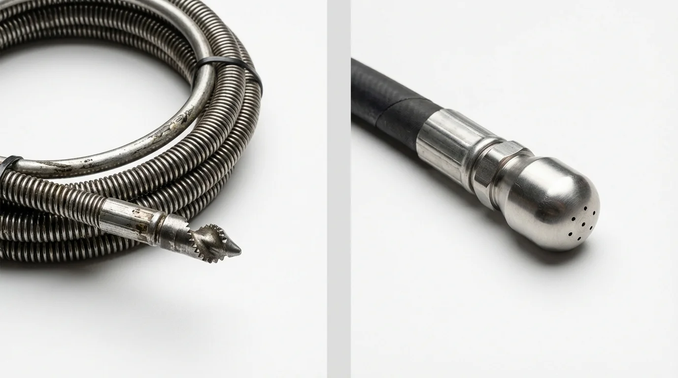 Drain snake cable and hydro jetting nozzle used for drain cleaning in West Point, GA